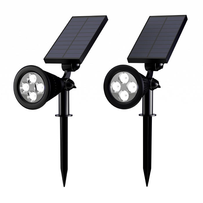 Solar Powered Outdoor Spotlights -Set Of 2 Landscape Lights-Ground Stakes Or Wall Mountable, 4 LED Bulbs-For Pathway, Garden, Patio
