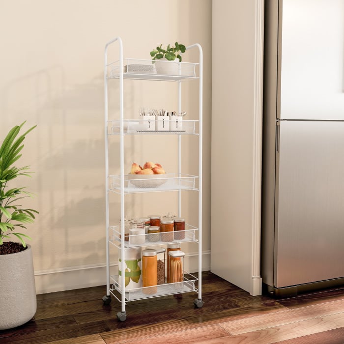 5 Shelf Tall Narrow Rolling Storage Shelves - Mobile Space Saving Utility Organizer Cart For Kitchen, Bathroom, Laundry, Garage Or Office