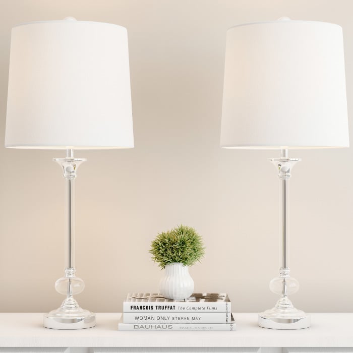 Crystal Lamps-Set Of 2 Faceted Shiny Silver Lighting-Comes With 2 Matching Table Lamps-Elegant, Modern Accent Lights