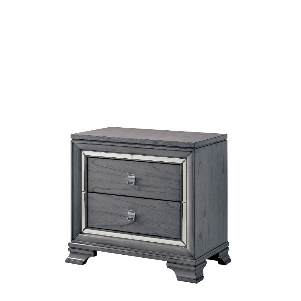 Mirror Trim Accented Two Drawer Solid Wood Nightstand With Bracket Feet, Light Gray- Saltoro Sherpi