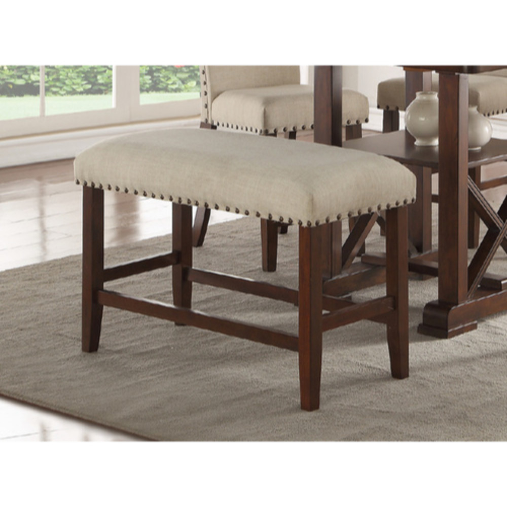 Rubber Wood High Bench With Cream Upholstery Brown- Saltoro Sherpi