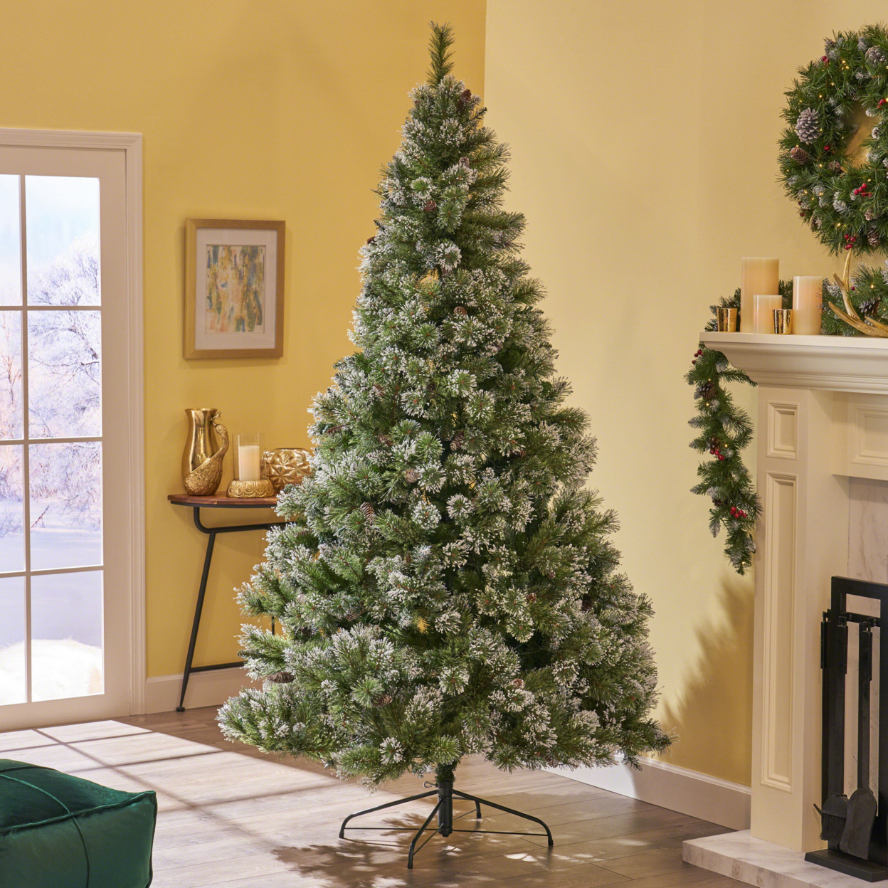 7-foot Mixed Spruce Pre-Lit Or Unlit Hinged Artificial Christmas Tree With Snow And Glitter Branches With Frosted Pinecones - Lightless, Def