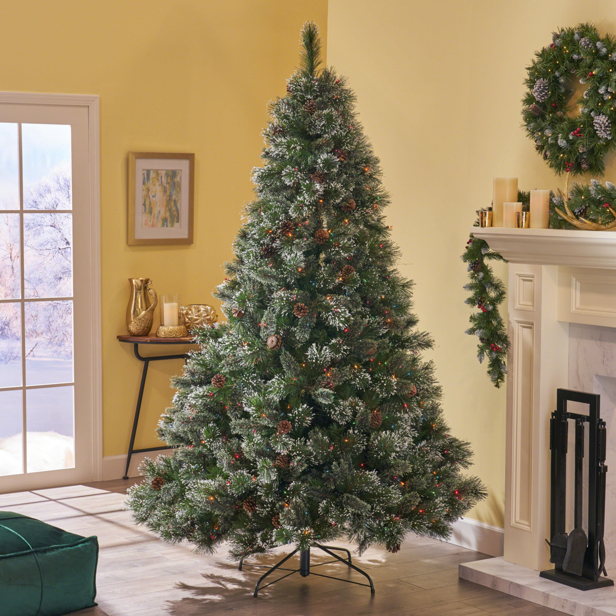7-foot Cashmere Pine And Mixed Spruce Pre-Lit Or Unlit Artificial Christmas Tree With Snowy Branches And Pinecones - Multicolor Lights, Defa