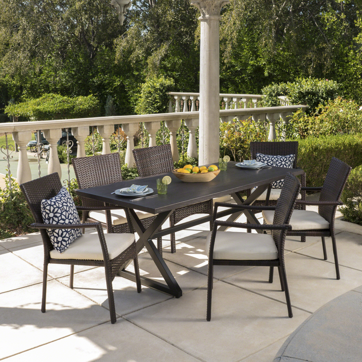 Adelade Outdoor 7 Piece Aluminum Dining Set With Wicker Dining Chairs - Black/Brown