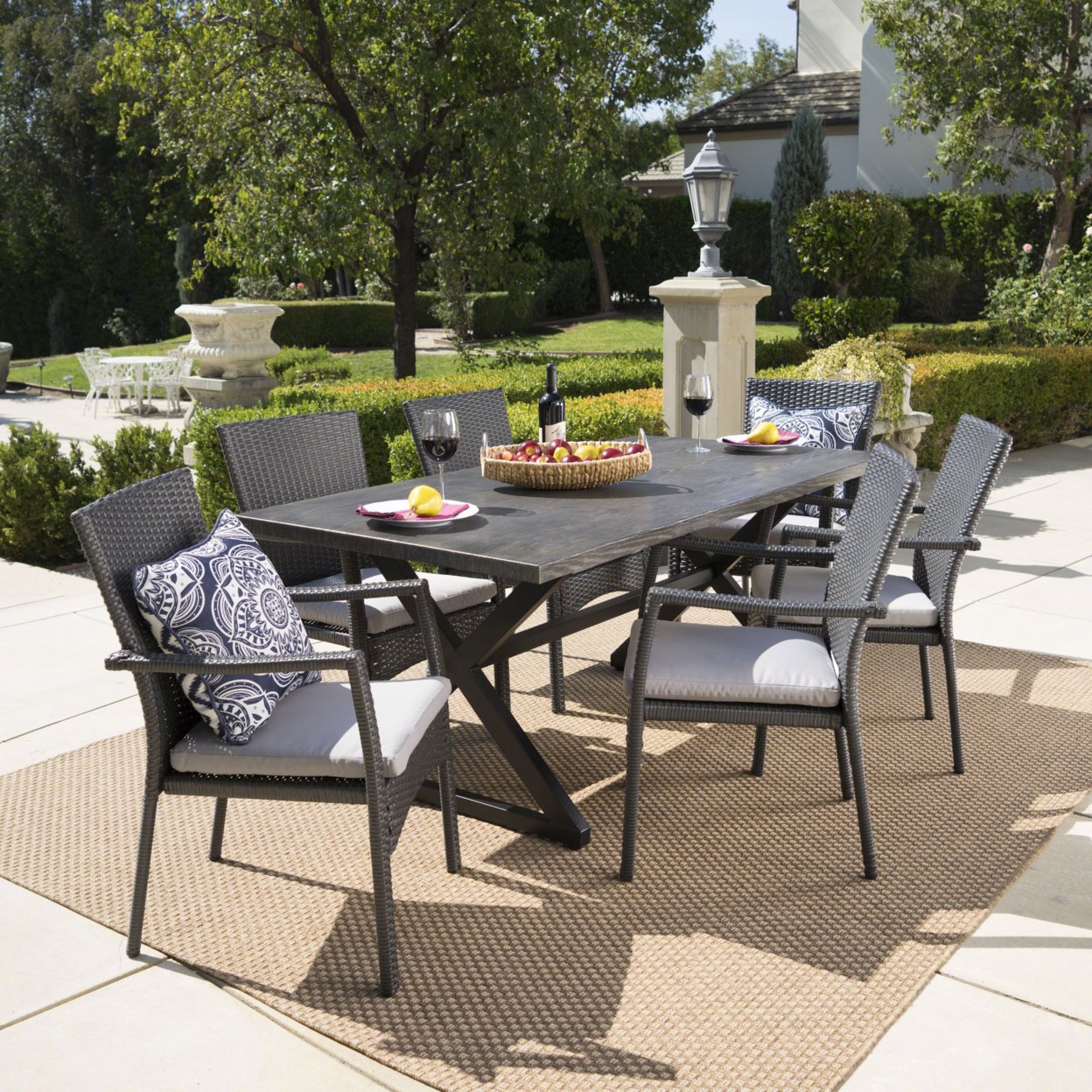Adelade Outdoor 7 Piece Aluminum Dining Set With Wicker Dining Chairs - Dark Gray/Grey