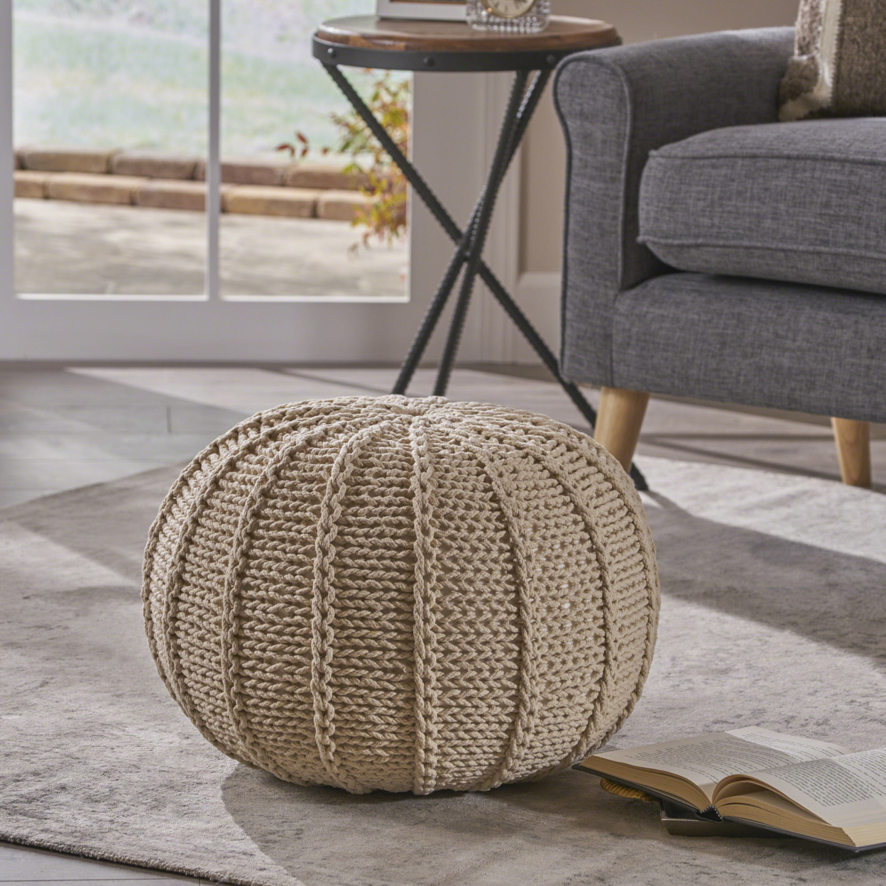 Agatha Knitted Cotton Pouf - Beige