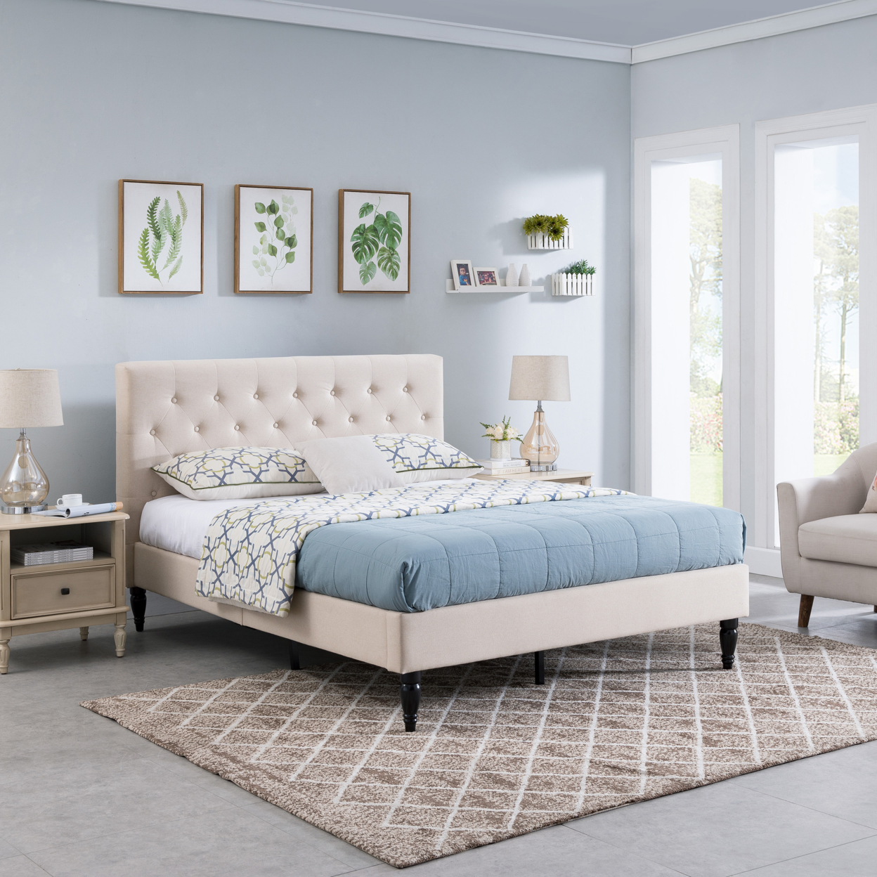 Agnes Fully-Upholstered Queen-Size Platform Bed Frame, Low-Profile, Contemporary - Beige