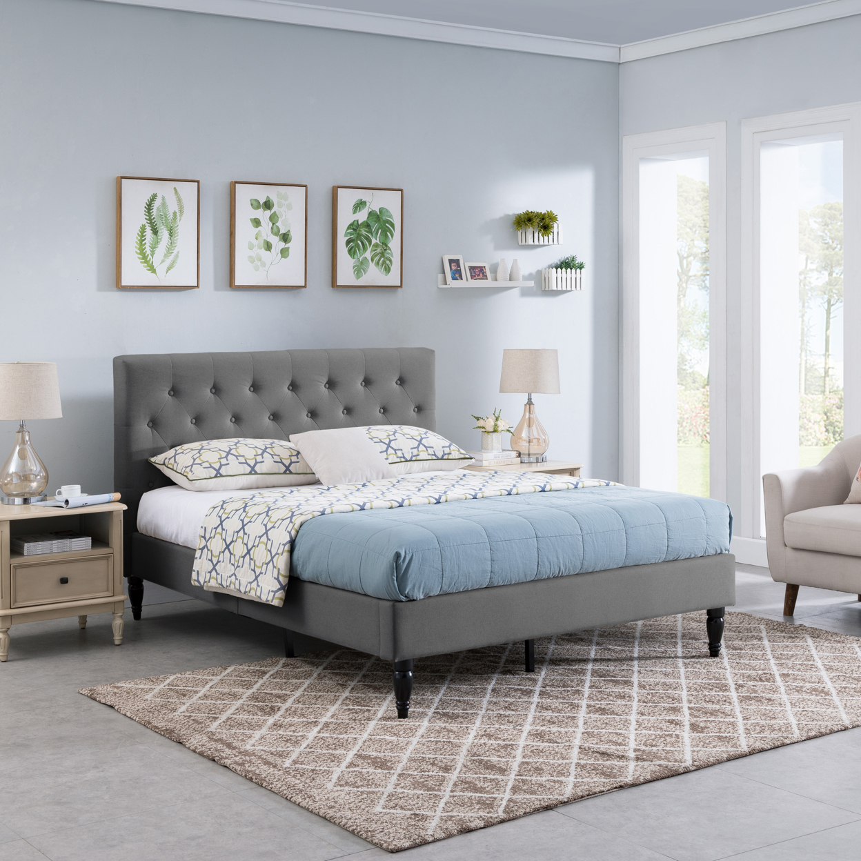 Agnes Fully-Upholstered Queen-Size Platform Bed Frame, Low-Profile, Contemporary - Charcoal Gray