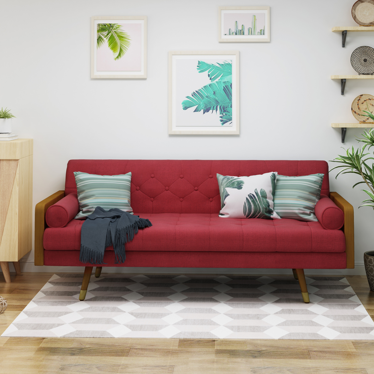 Aidan Mid Century Modern Tufted Fabric Sofa - Red