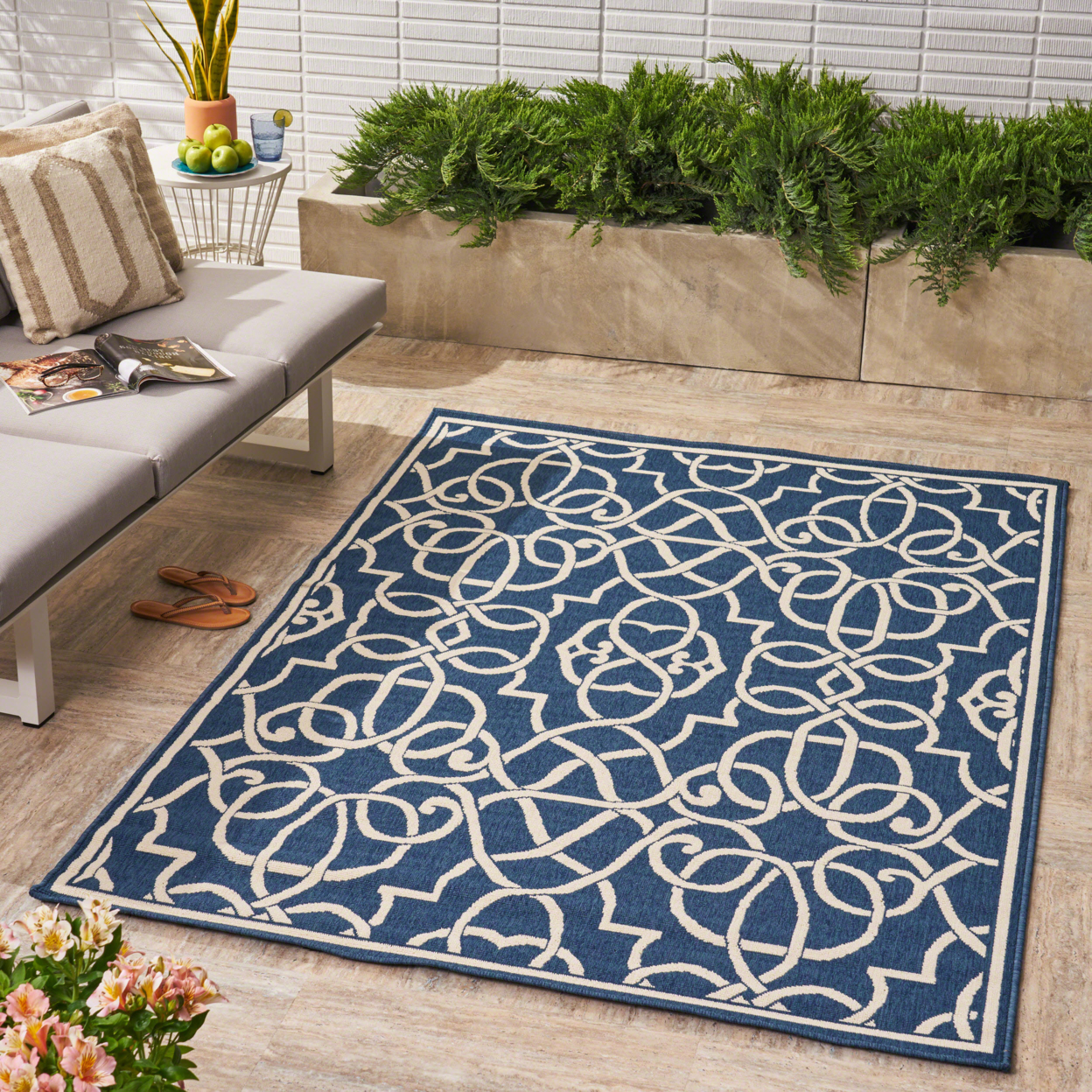 Alfonso Outdoor Geometric Area Rug - 5'x8', Navy/Ivory