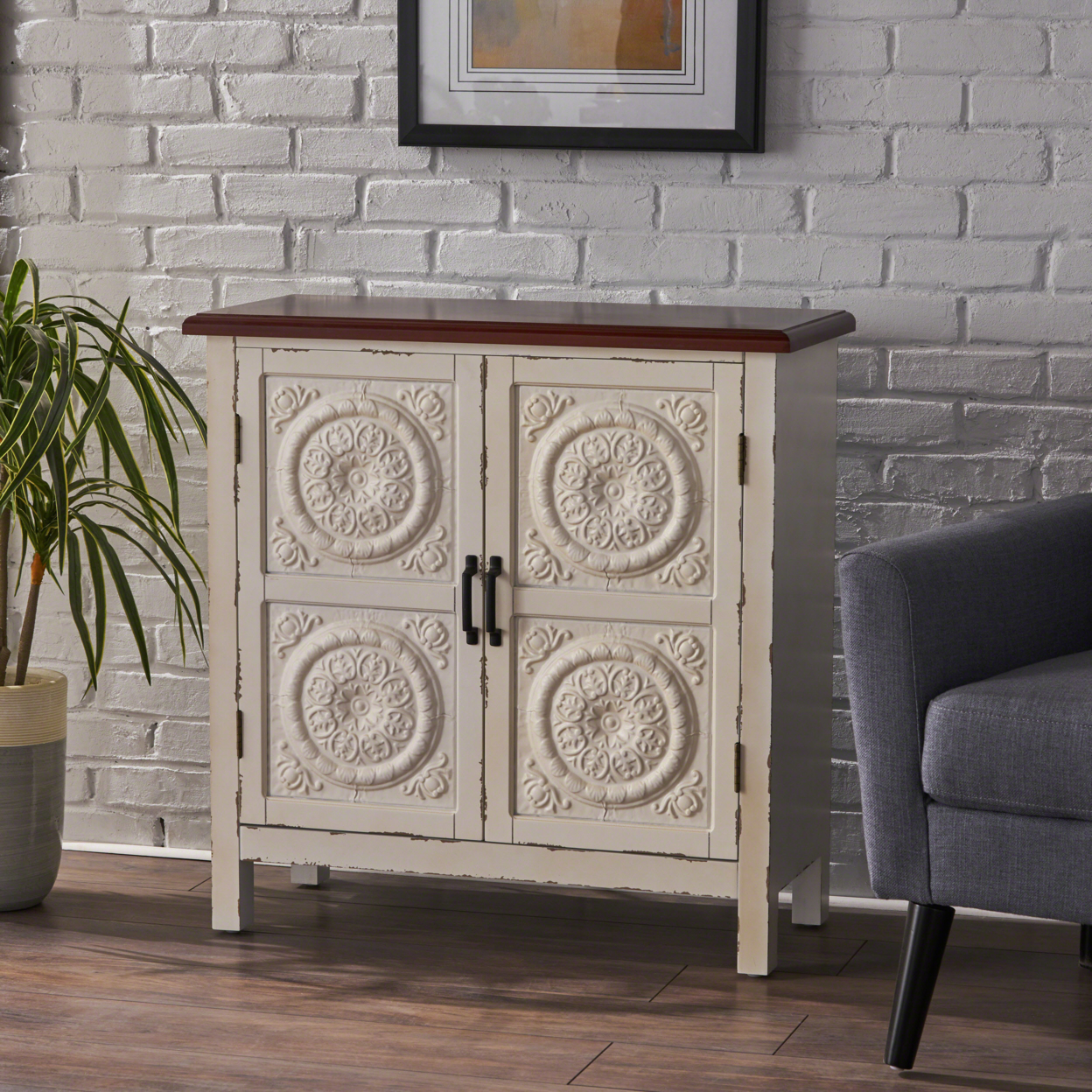 Aliana Finished Firwood Cabinet With Faux Wood Overlay And Accented Top - Distressed White/Brown