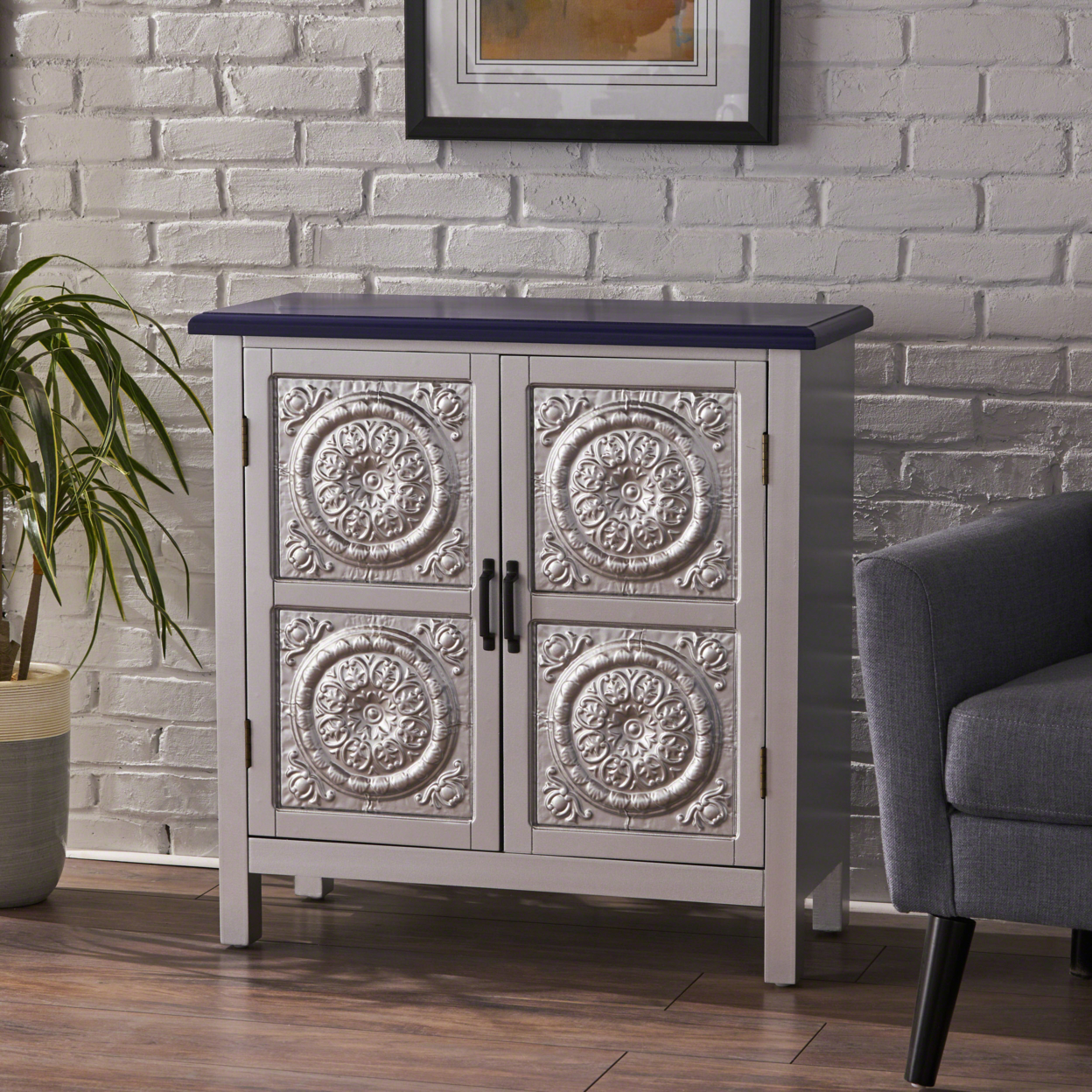 Aliana Finished Firwood Cabinet With Faux Wood Overlay And Accented Top - Silver/Navy Blue