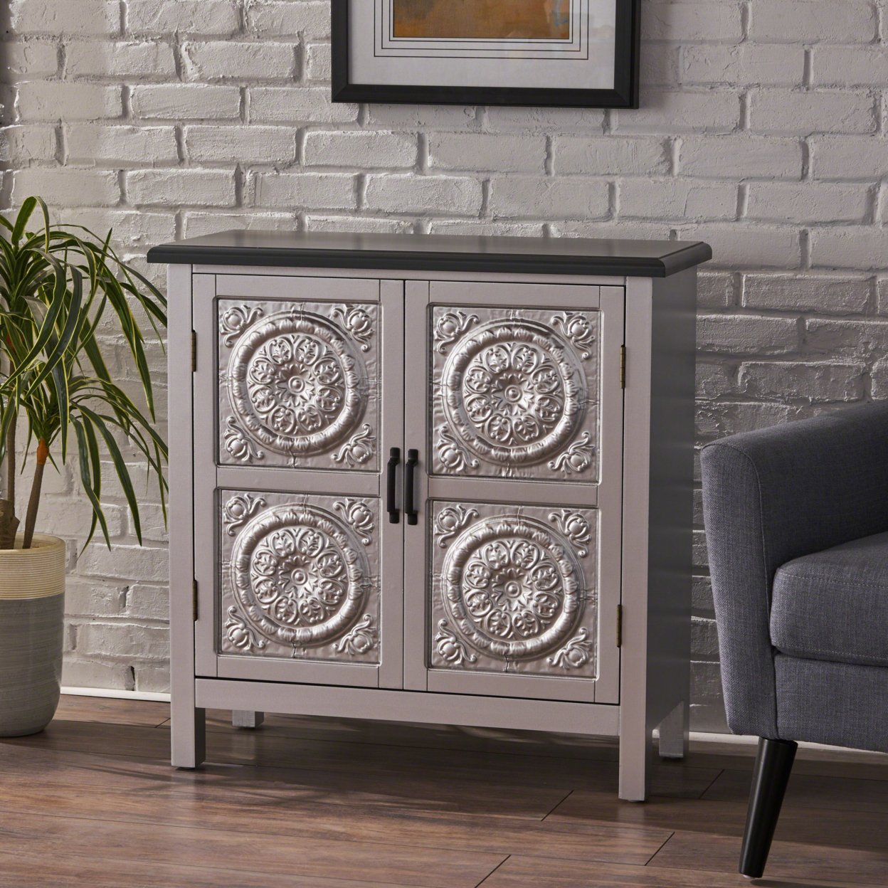 Aliana Finished Firwood Cabinet With Faux Wood Overlay And Accented Top - Silver/Charcoal Gray