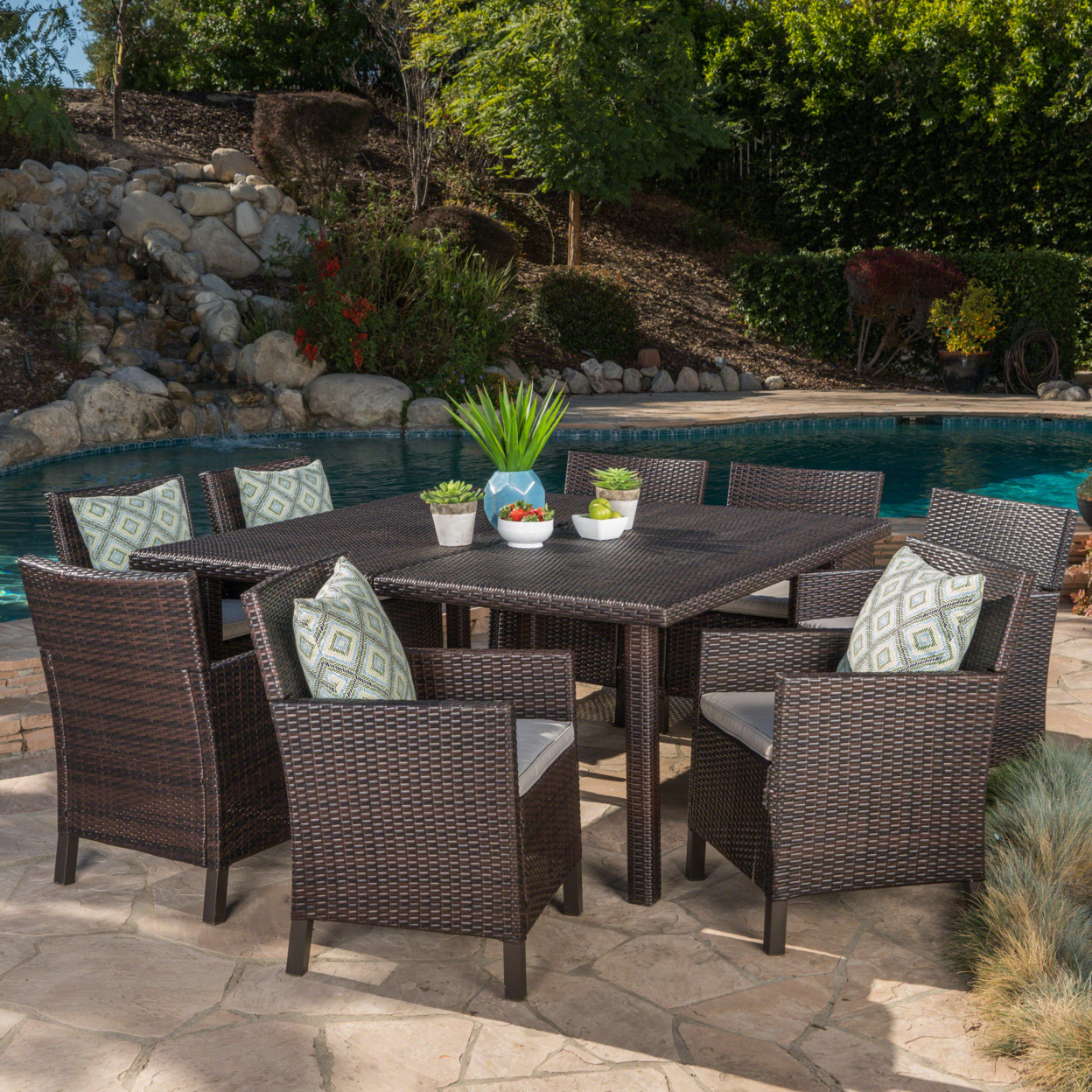 Alice Outdoor 9 Piece Wicker Dining Set With Water Resistant Cushions - Multi-brown/Light Brown
