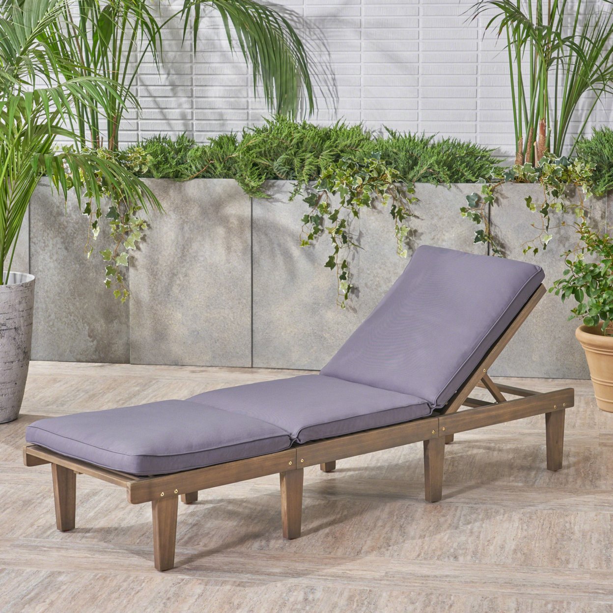 Alisa Outdoor Acacia Wood Chaise Lounge With Cushion, Gray And Dark Gray - Set Of 2