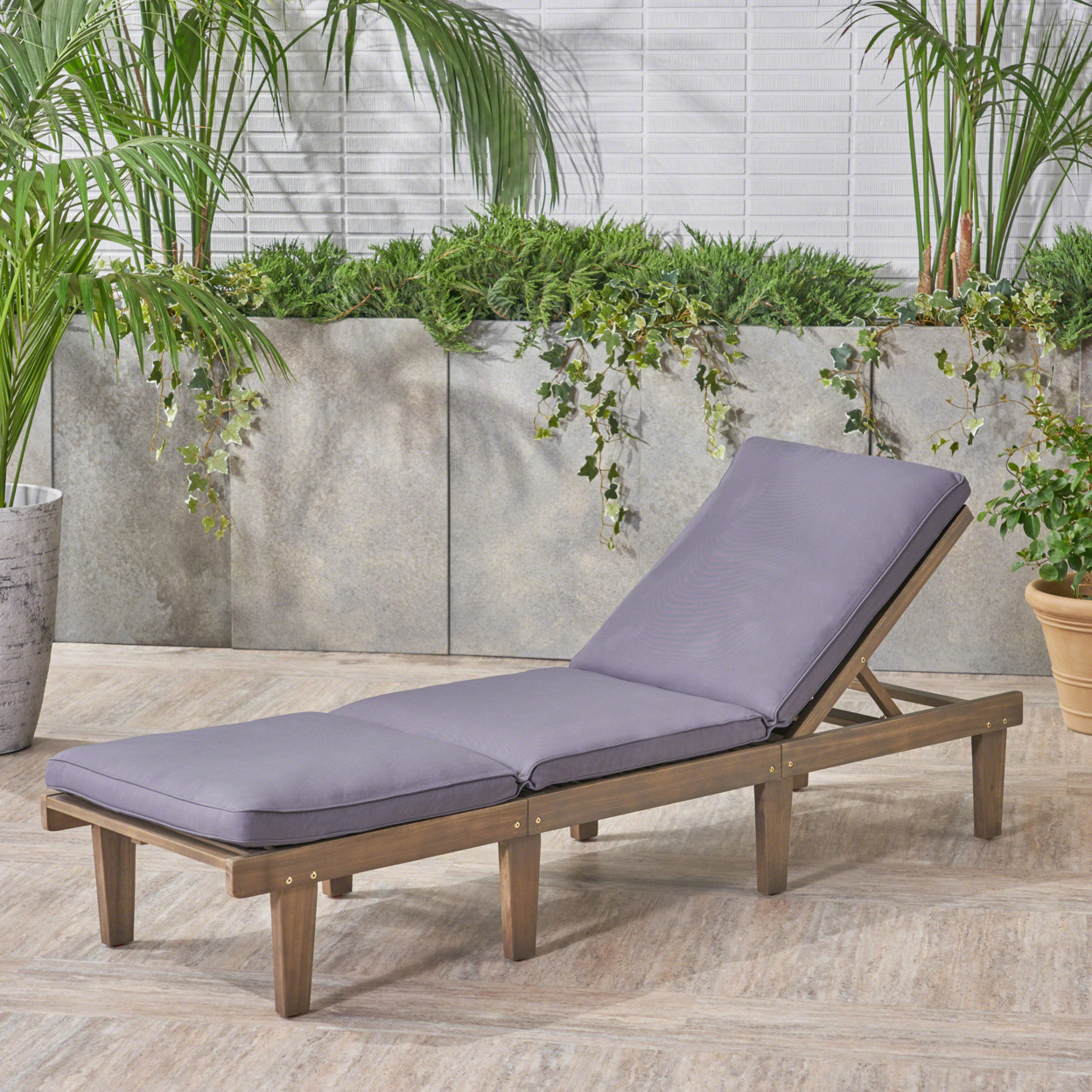 Alisa Outdoor Acacia Wood Chaise Lounge With Cushion, Gray And Dark Gray - Single