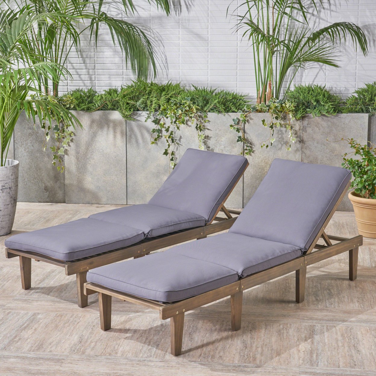Alisa Outdoor Acacia Wood Chaise Lounge With Cushion, Gray And Dark Gray - Set Of 2