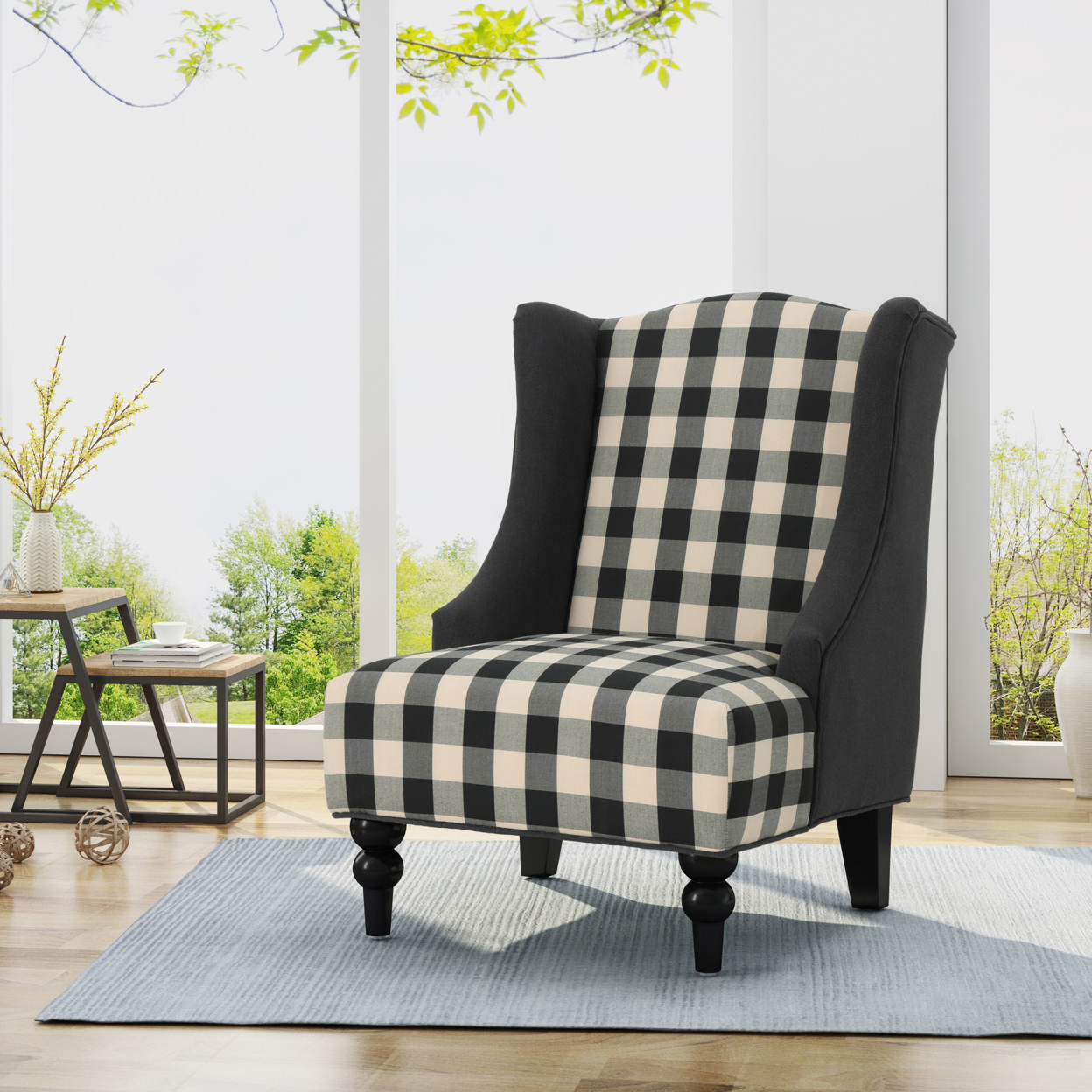 Alonso High-Back Fabric Club Chair, Black Checkerboard And Dark Charcoal - Print