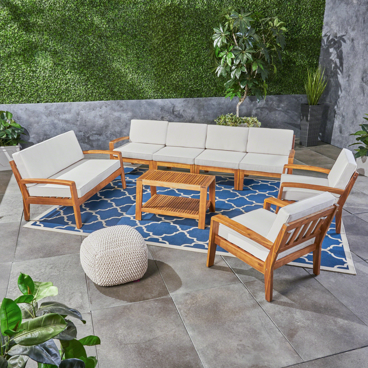 Amaryllis Outdoor Acacia Wood 8 Seater Sectional Chat Set With Coffee Table - Teak / Blue