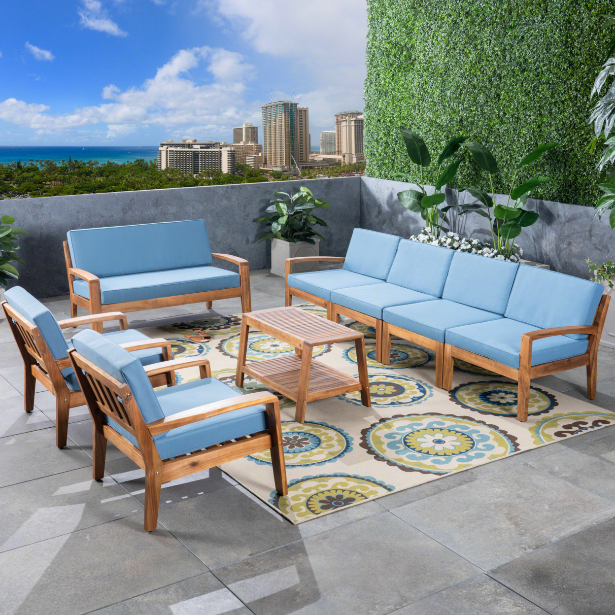 Amaryllis Outdoor Acacia Wood 8 Seater Sectional Chat Set With Coffee Table - Teak / Blue
