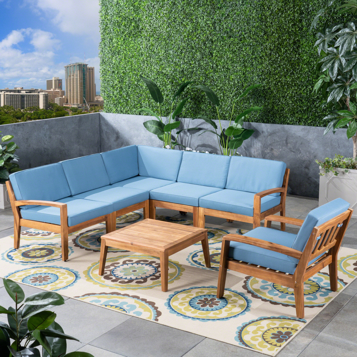 Amaryllis Outdoor Acacia Wood 6 Seater Sectional Sofa And Club Chair Set With Coffee Table - Teak/Blue