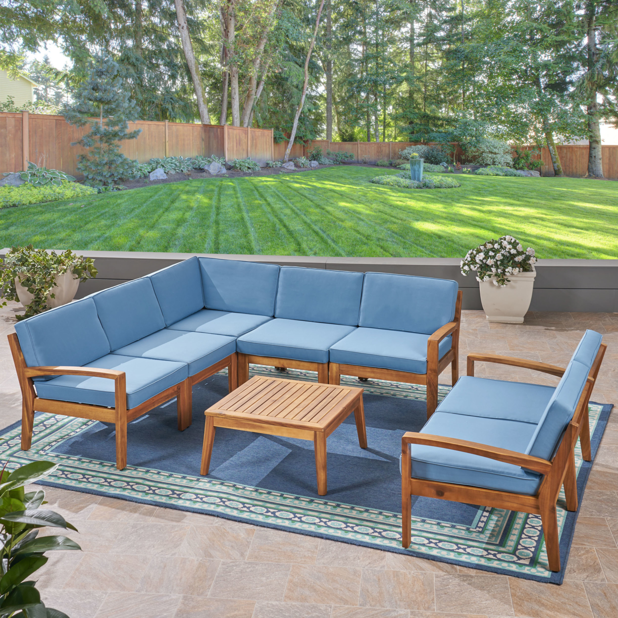 Amaryllis Outdoor Acacia Wood 7 Seater Sectional Sofa And Loveseat Set With Coffee Table - Blue