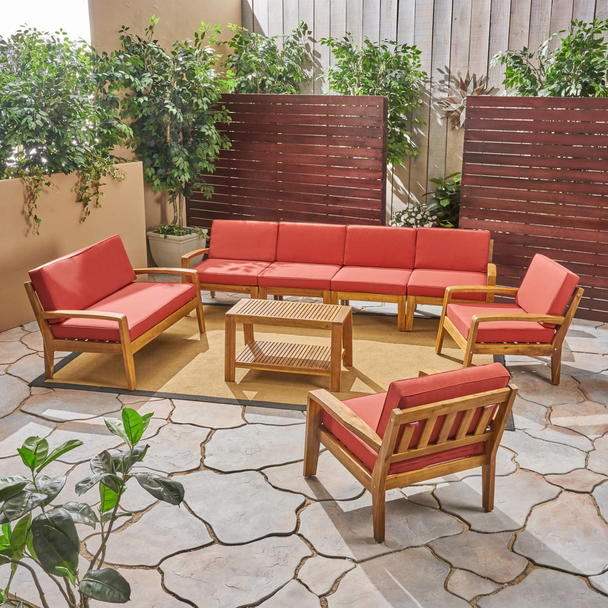 Amaryllis Outdoor Acacia Wood 8 Seater Sectional Chat Set With Coffee Table - Teak / Red
