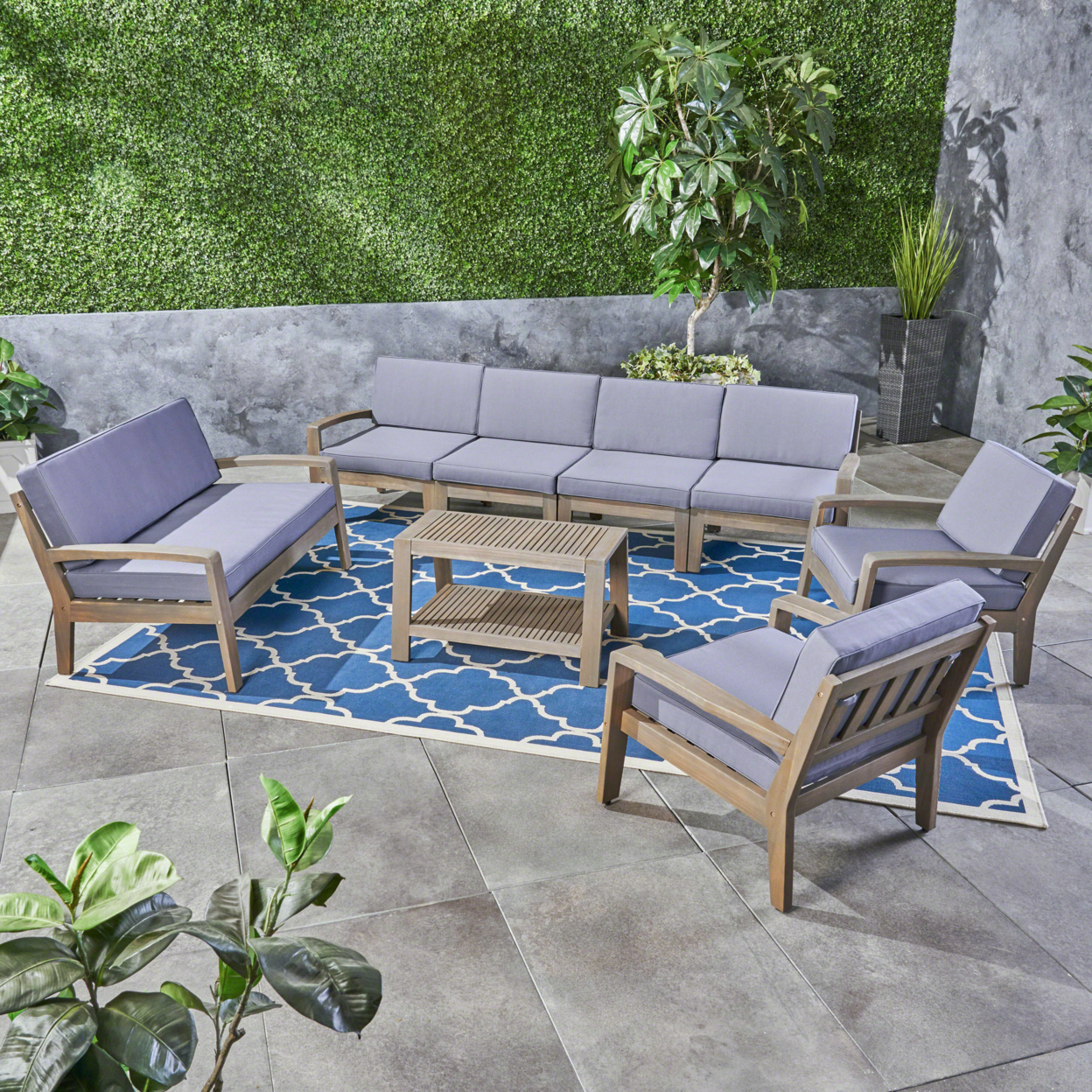 Amaryllis Outdoor Acacia Wood 8 Seater Sectional Chat Set With Coffee Table - Gray / Dark Gray
