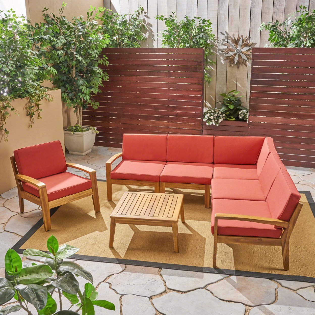 Amaryllis Outdoor Acacia Wood 6 Seater Sectional Sofa And Club Chair Set With Coffee Table - Teak/Red
