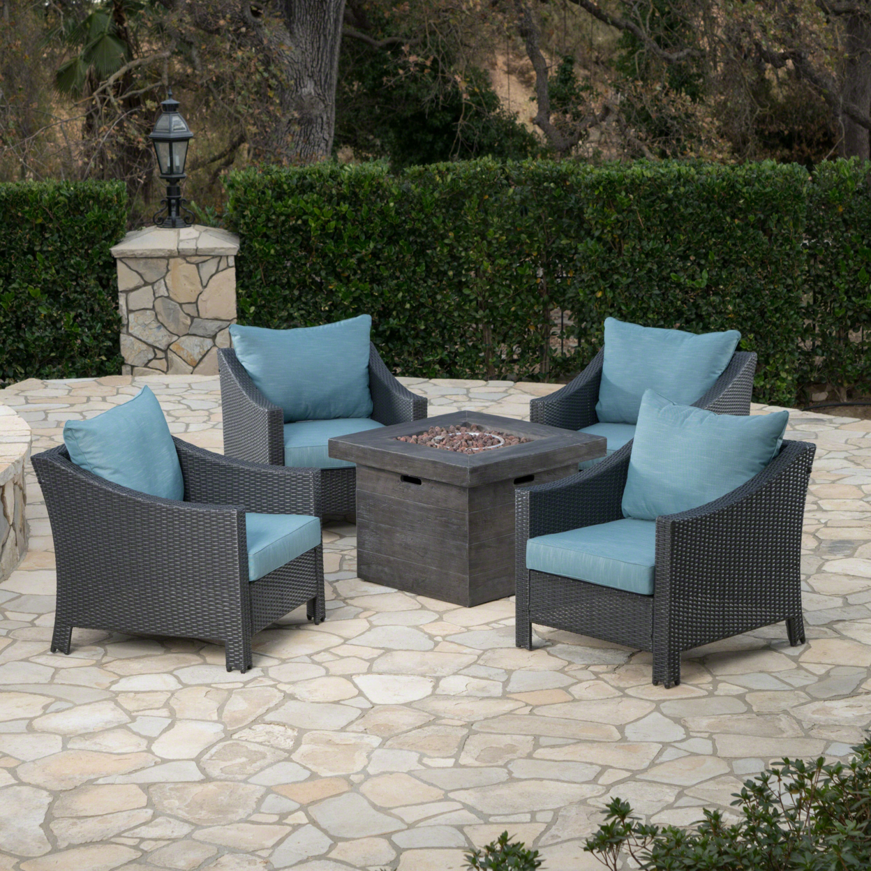 Andrew Outdoor 5 Piece Wicker Water Resistant Cushion Chat Set With Fire Pit - Teal