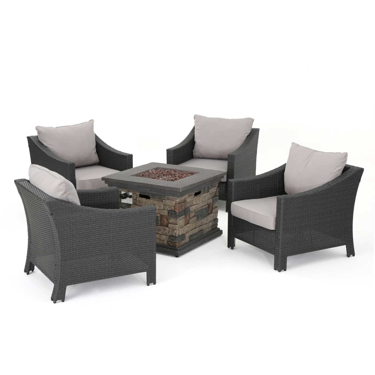 Andrew Outdoor 5 Piece Gray Wicker Chat Set With Stone Finished Fire Pit - Gray