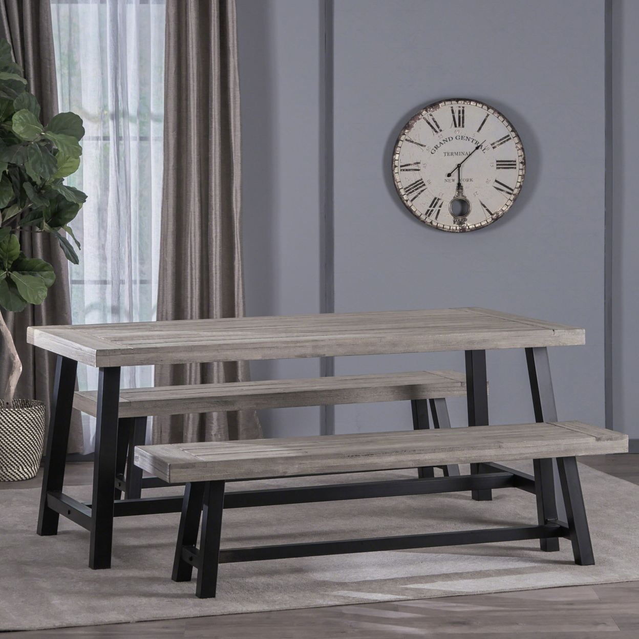 Angelina Indoor 3 Piece Finished Acacia Wood Picnic Set With Metal Finish Frame - Light Gray/Black