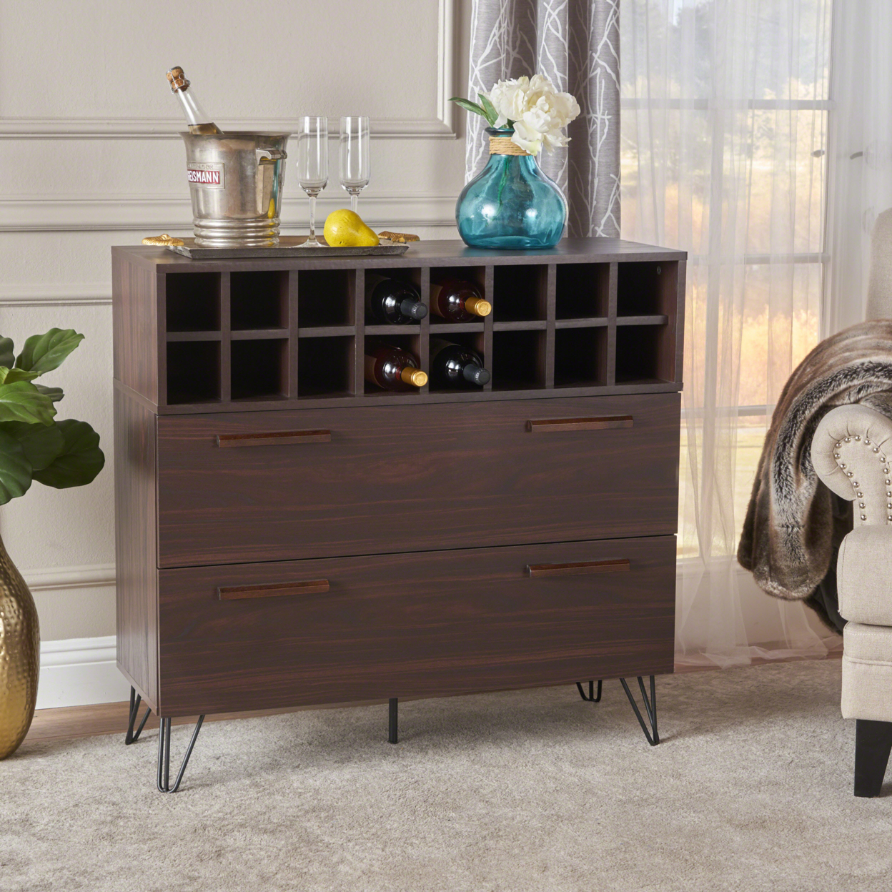 Annabelle Mid Century Finished Faux Wood Wine And Bar Cabinet - Sonoma Gray Oak