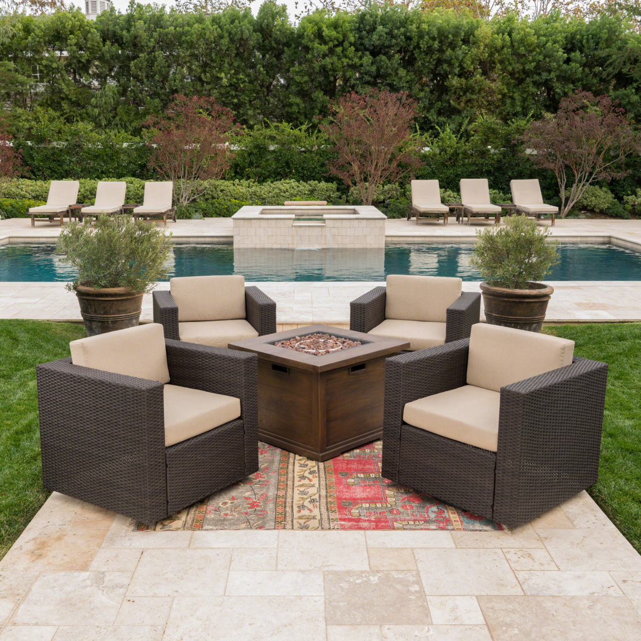 Archer Outdoor 5 Piece Wicker Swivel Club Chairs With Brown Gas Fire Pit - Brown