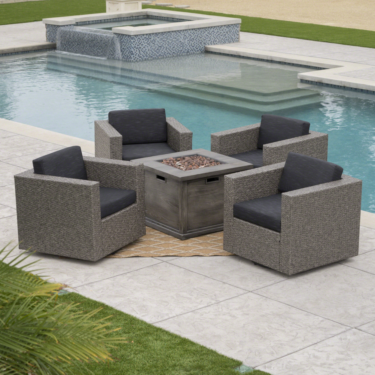 Archer Outdoor 5 Piece Wicker Swivel Club Chairs With Brown Gas Fire Pit - Mixed Black