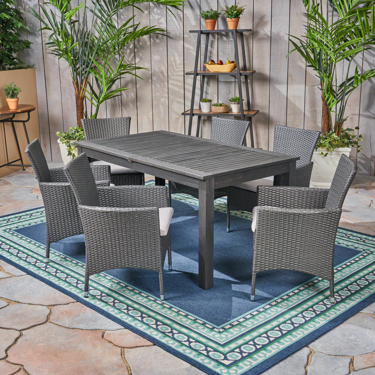 Austin Outdoor Wood And Wicker Expandable Dining Set - Dark Gray + Gray + Silver, 9-Piece Set