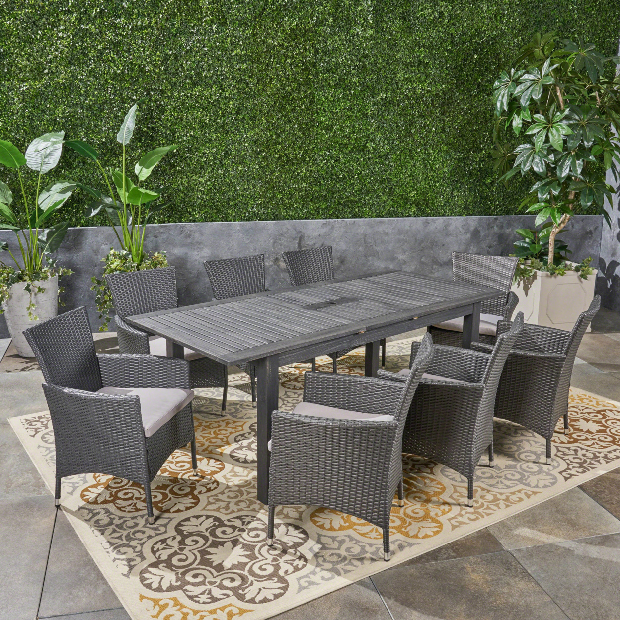 Austin Outdoor Wood And Wicker Expandable Dining Set - Dark Gray + Gray + Silver, 9-Piece Set