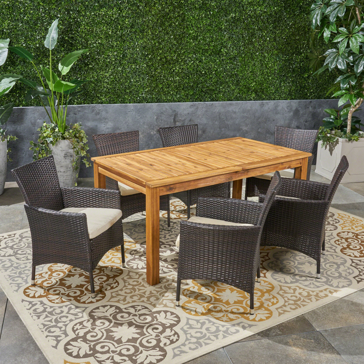 Austin Outdoor Wood And Wicker Expandable Dining Set - Natural Stained + Multi Brown + Beige, 7-Piece Set