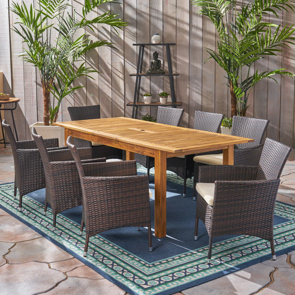 Austin Outdoor Wood And Wicker Expandable Dining Set - Natural Stained + Multi Brown + Beige, 9-Piece Set