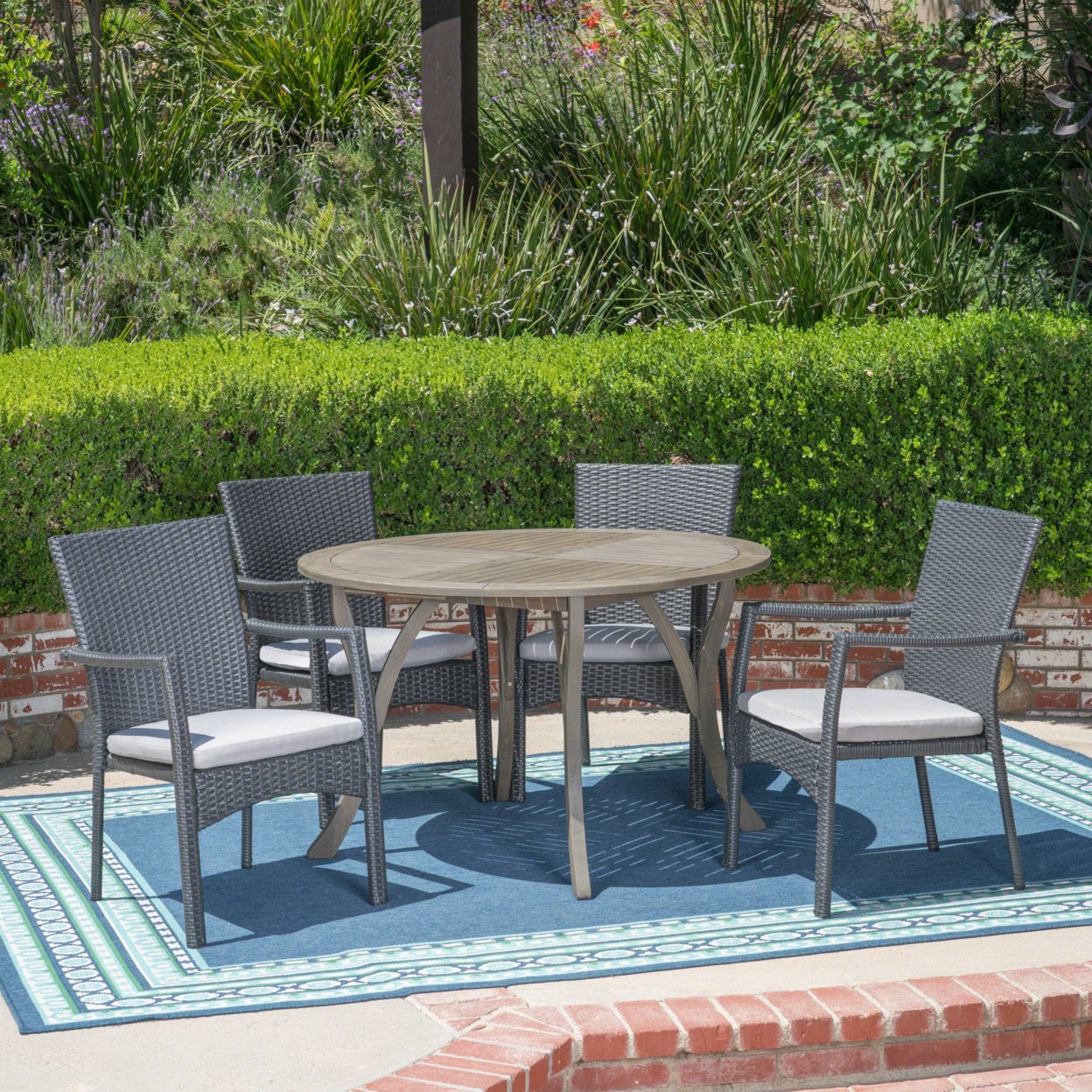 Baldry Outdoor 5 Piece Acacia Wood And Wicker Dining Set - Gray