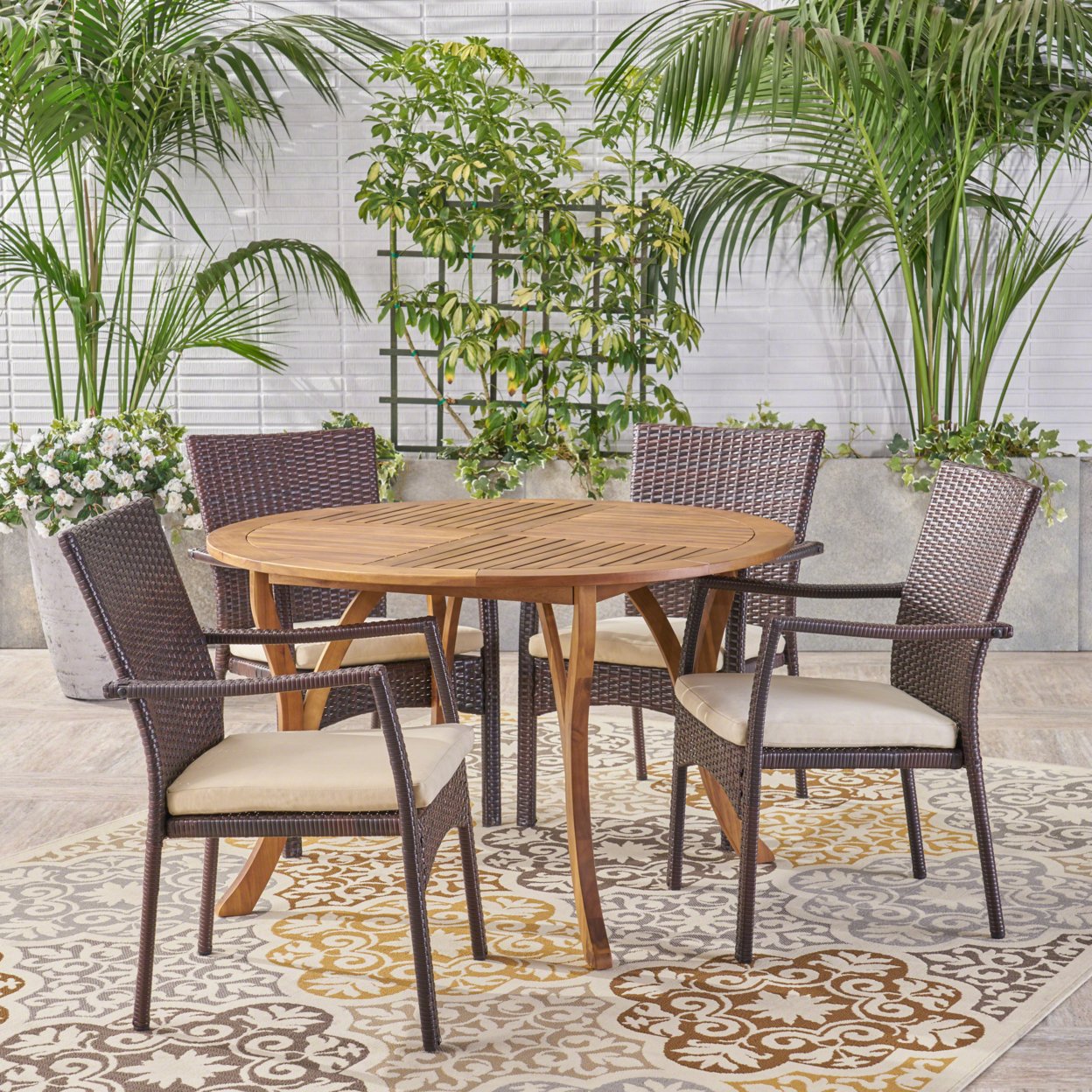 Baldry Outdoor 5 Piece Acacia Wood And Wicker Dining Set - Brown