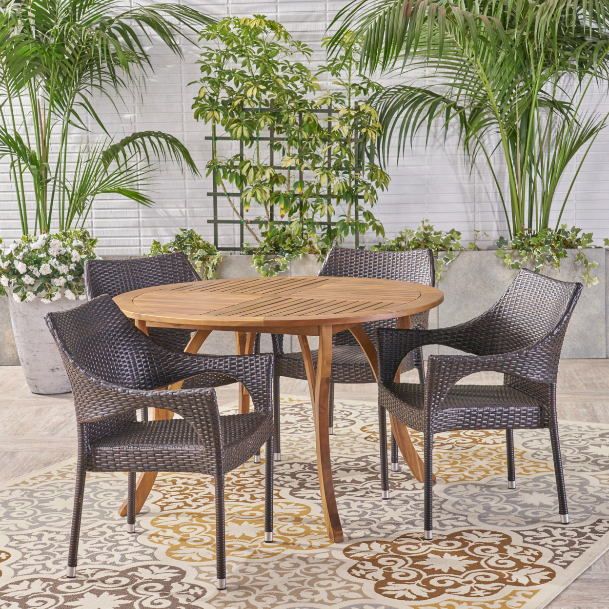 Baish Outdoor 5 Piece Acacia Wood And Wicker Dining Set - Brown