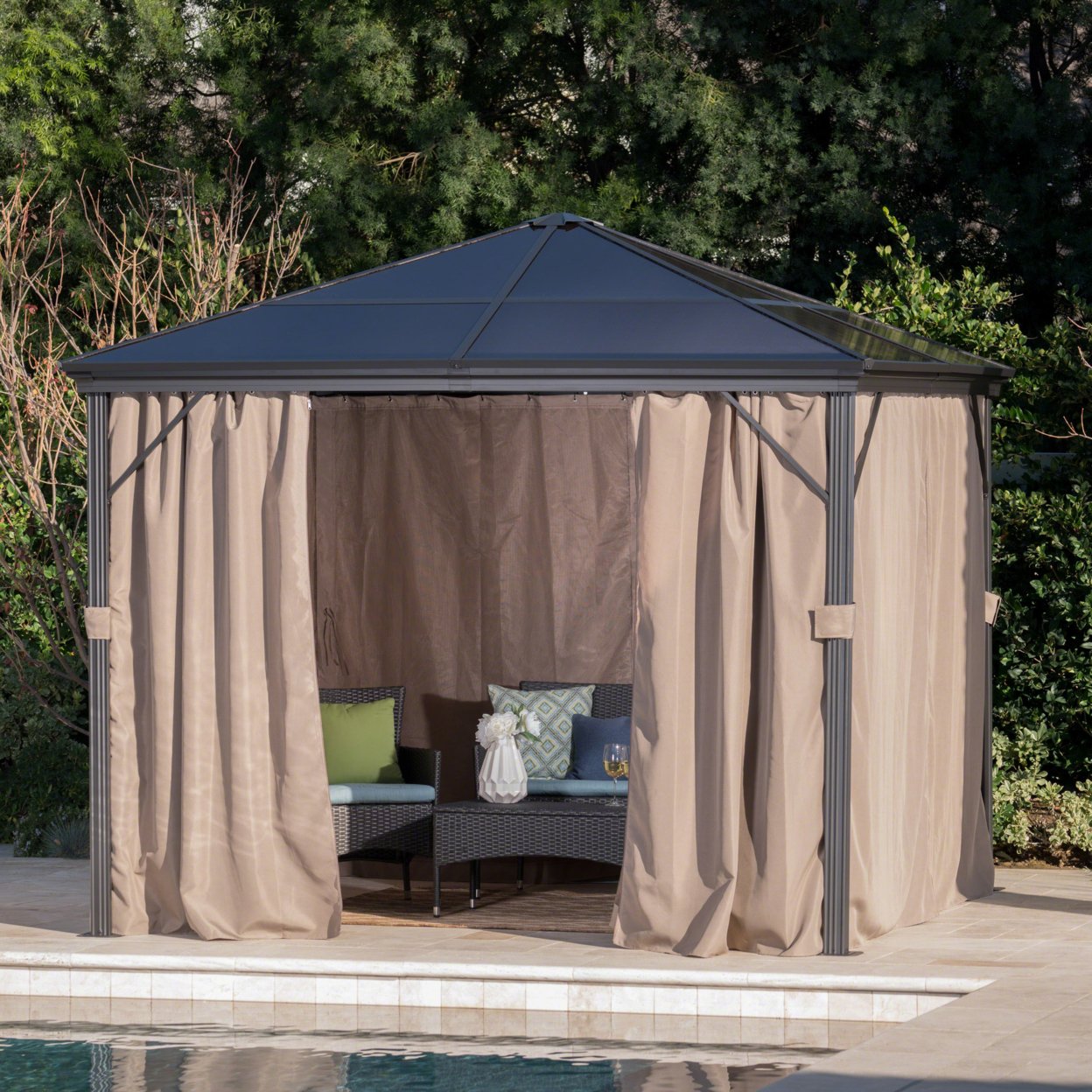 Bali Outdoor 10 X 10 Foot Rust Proof Aluminum Framed Hardtop Gazebo With Curtains - Gray/Black