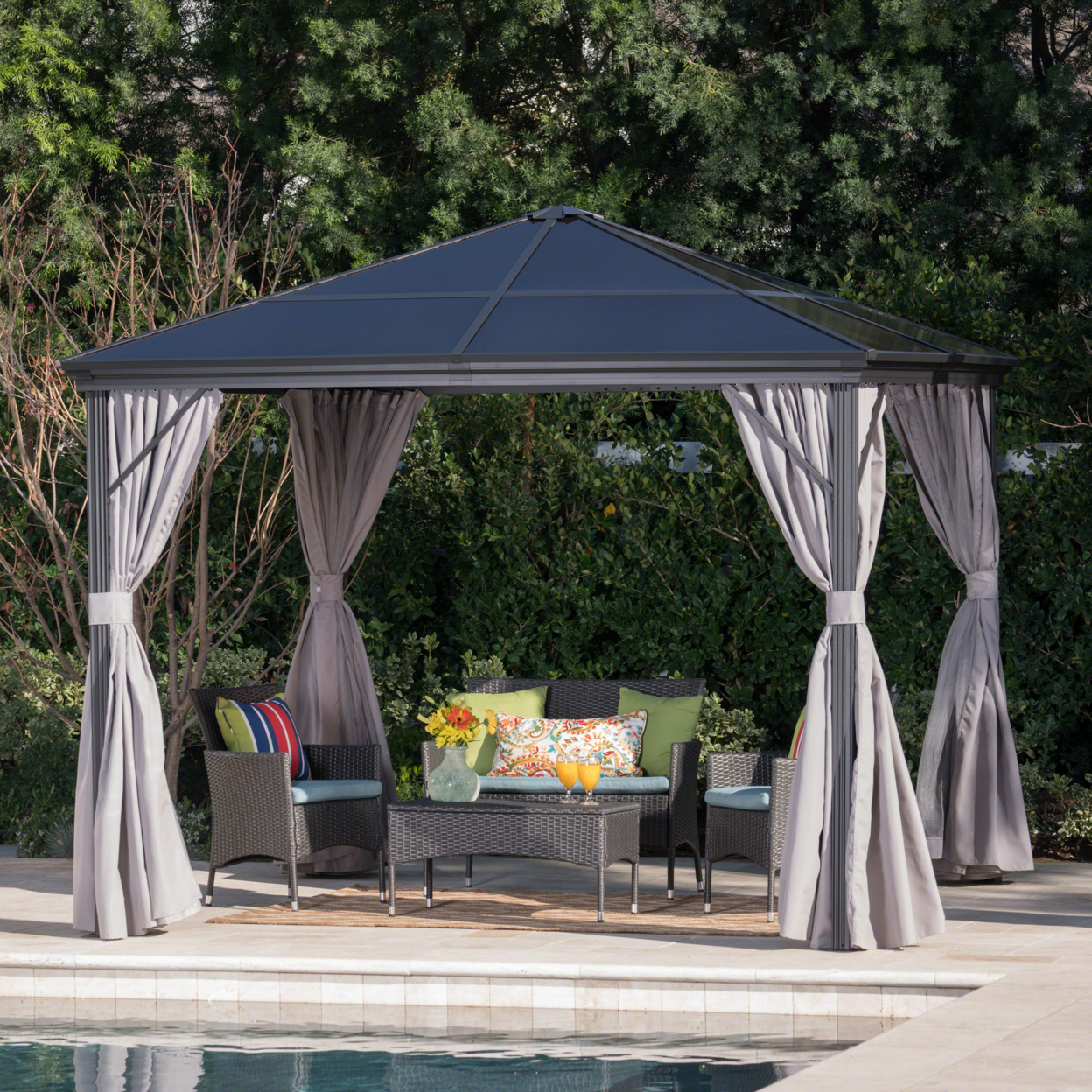 Bali Outdoor 10 X 10 Foot Rust Proof Aluminum Framed Hardtop Gazebo With Curtains - Gray/Black