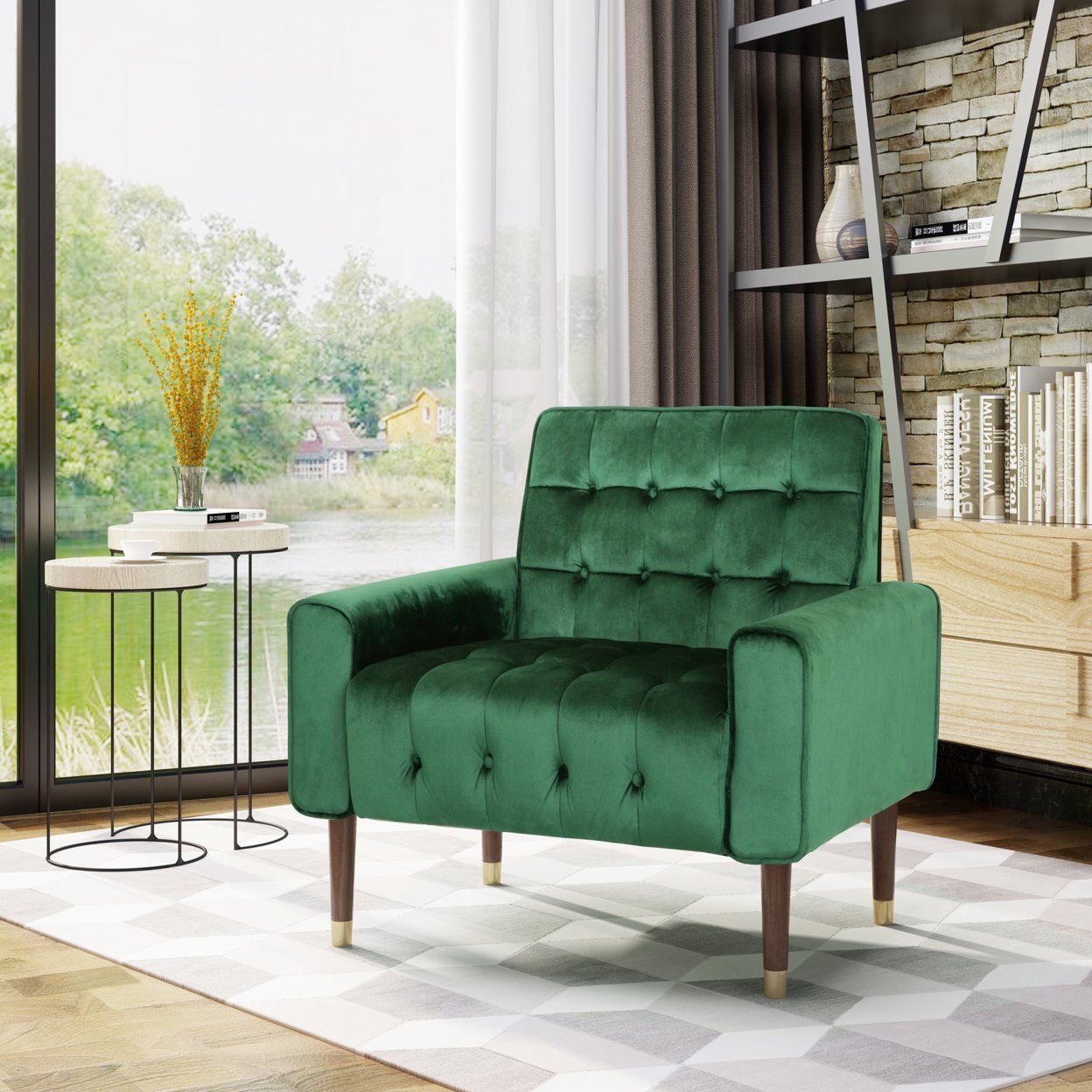 Betsy Velvet Armchair, Modern Glam, Button-Tufted, Waffle Stitching - Emerald