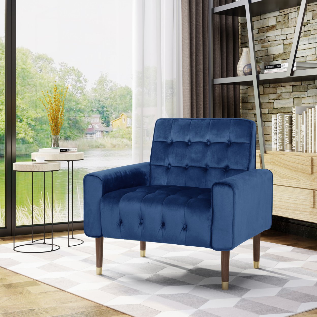 Betsy Velvet Armchair, Modern Glam, Button-Tufted, Waffle Stitching - Navy Blue