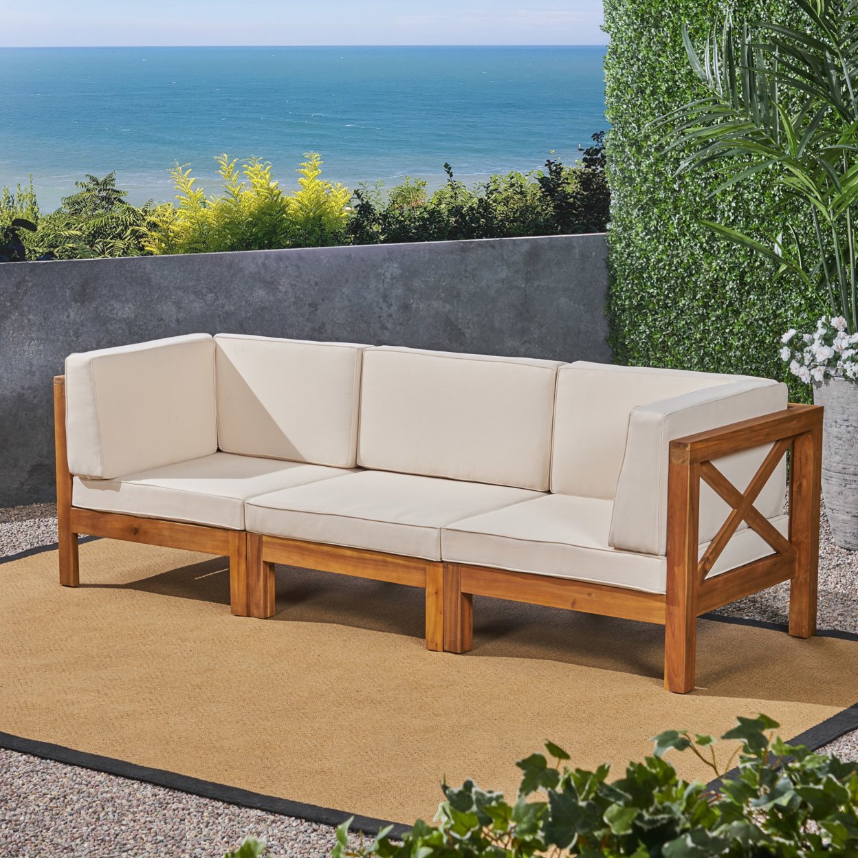 Brava Outdoor Modular Acacia Wood Sofa With Cushions - Teak Finish + Blue