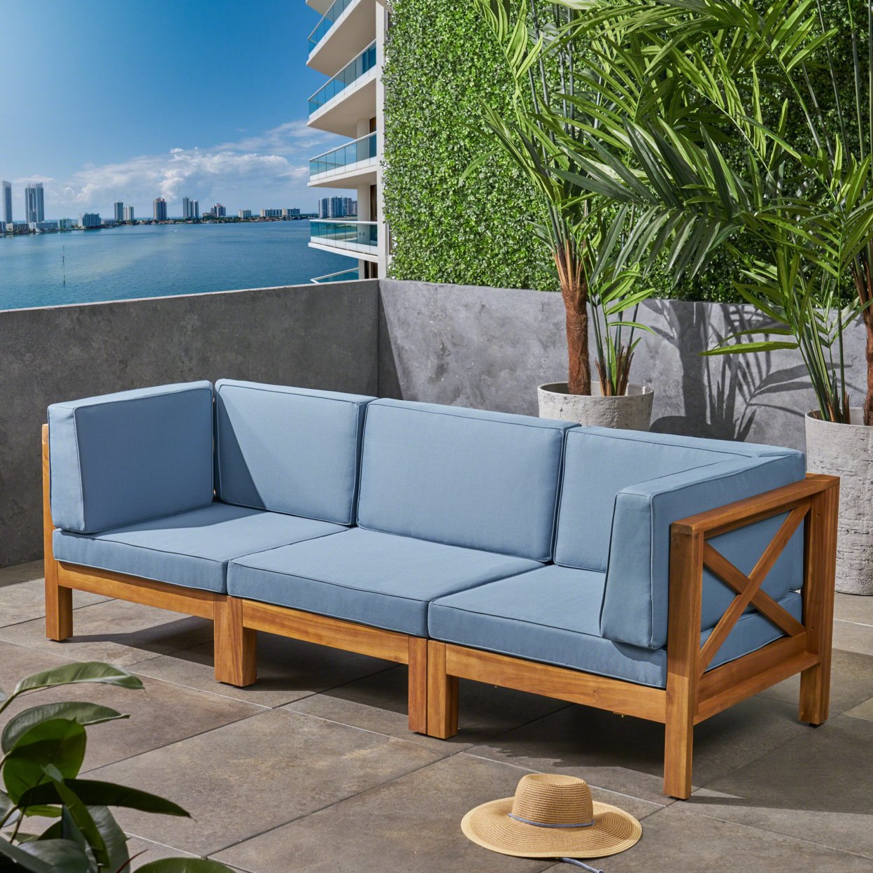 Brava Outdoor Modular Acacia Wood Sofa With Cushions - Teak Finish + Beige