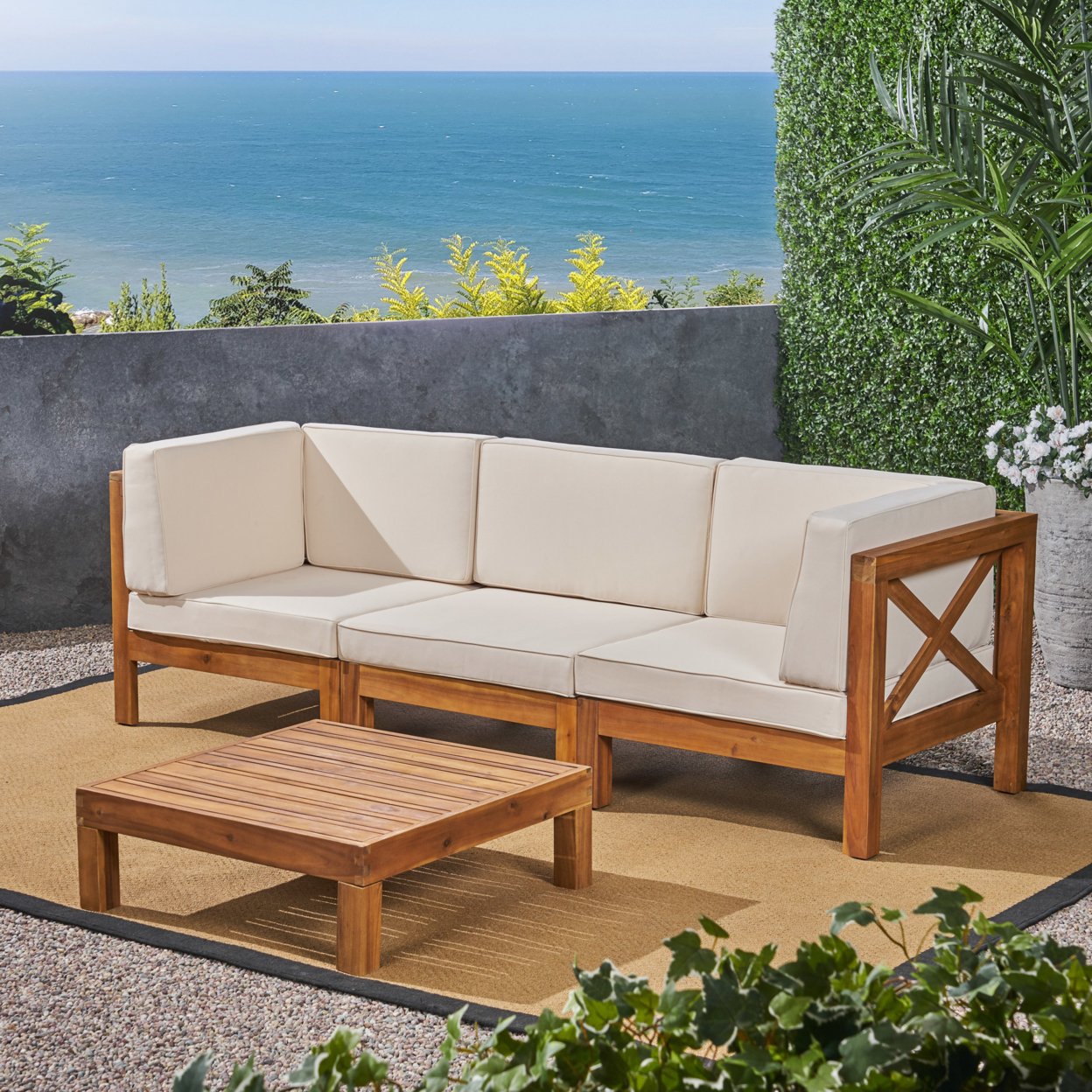 Brava Outdoor Modular Acacia Wood Sofa And Coffee Table Set With Cushions - Teak Finish + Beige