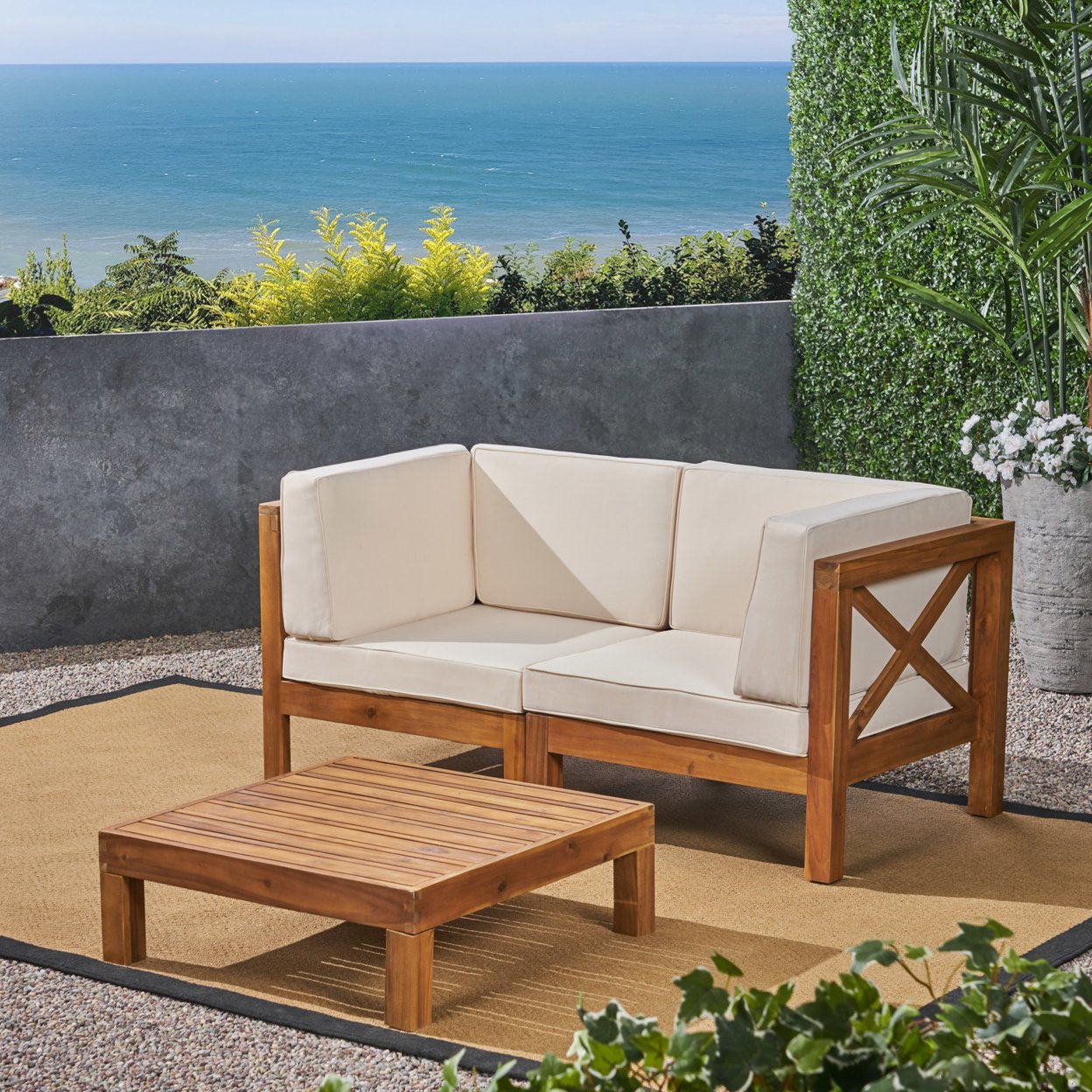 Brava Outdoor Modular Acacia Wood Sofa With Cushions And Coffee Table Set - Teak Finish + Beige
